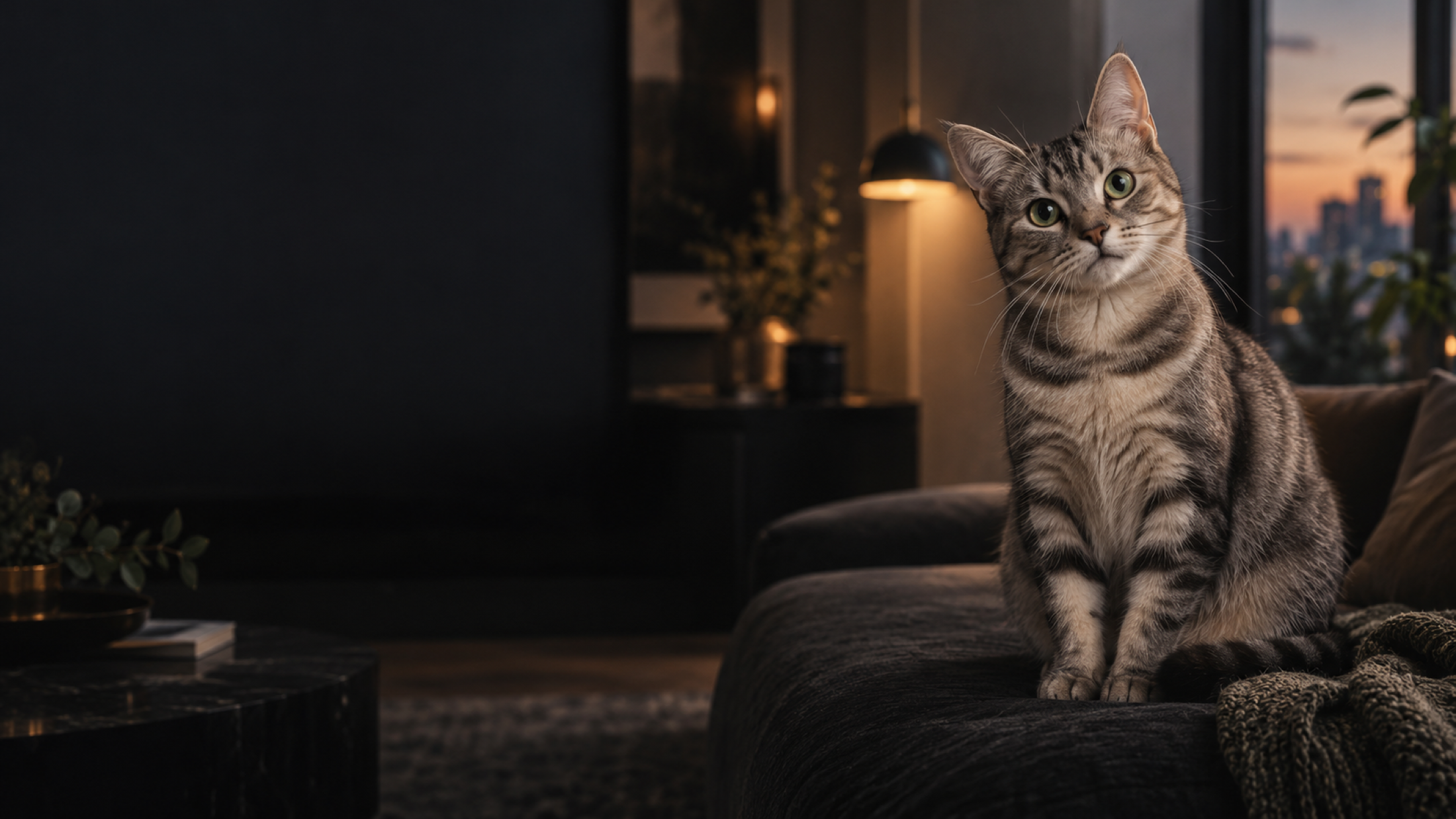 在现代家居中认真聆听的猫咪